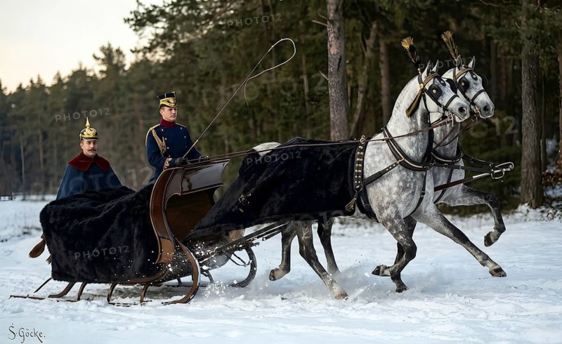 Kaiser Wilhelm II. in a sleigh, history, uniform, KaiserKaiser Wilhelm II, monarchy, winter, snow, horse-drawn sleigh, German Empire, monarch, illustration, historical illustration, digitally edited