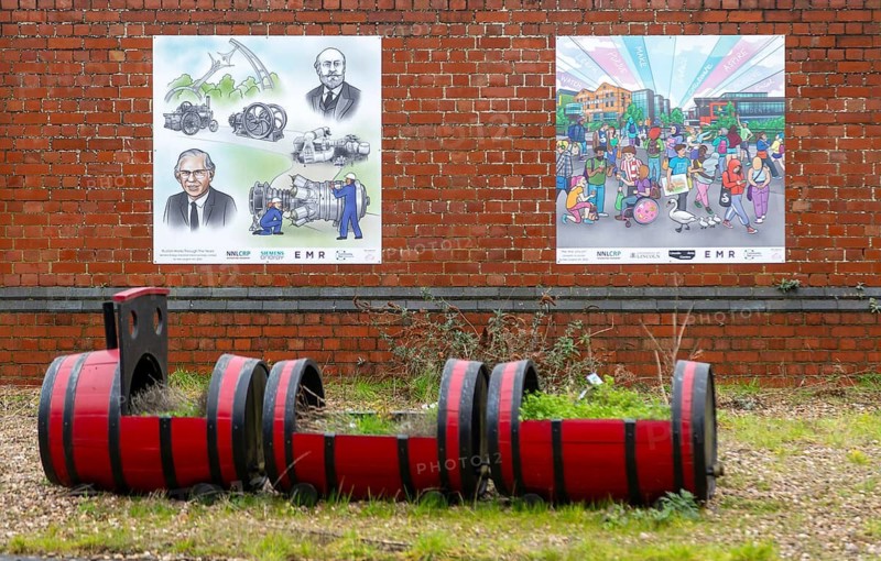 Heritage posters portraying local history, Lincoln railway station, city of Lincoln, Lincolnshire, England, UK