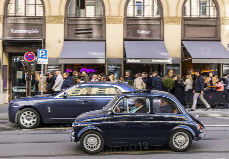 Maximilianstraße Munich on a normal Saturday, Rolls-Royce and other luxury cars on the sophisticated and exclusive shopping mile, Munich, Bavaria, Germany