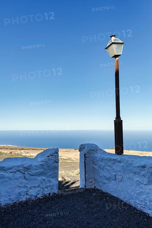 Mirador Ermita de las Nieves, lantern illuminated by the sun, Risco de Famara, Lanzarote, Canary Islands, Spain