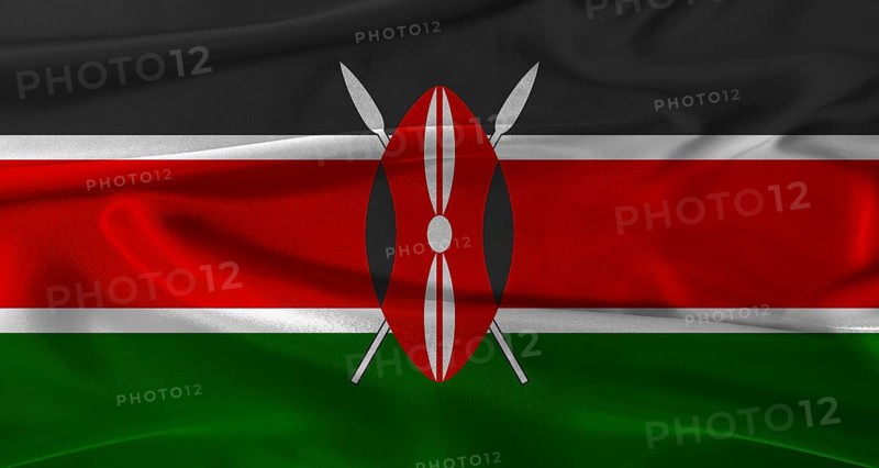 Flag of Kenya with fabric textured background. Close up of National flag of Kenya with realistic texture