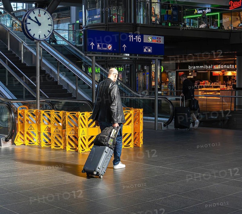 Central Station, yellow barriers on escalators at Berlin Central Station, which have been defective for 5 months and have not been repaired, Germany