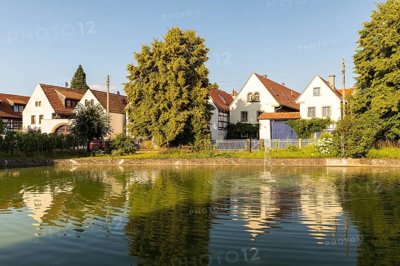 Village view of Naundorf, historic buildings with farmhouses, village green with pond, Radebeul, Saxony, Germany