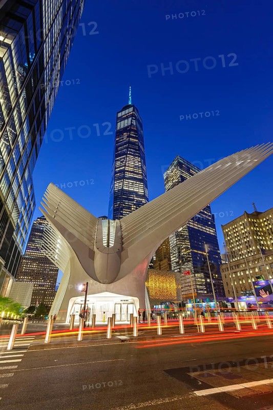 One World Trade Centre WTC with Oculus station modern architecture by Santiago Calatrava in Manhattan New York, USA