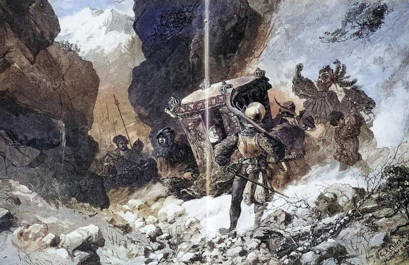 Emperor Charles V fleeing from Moritz of Saxony, coloured wood engraving, reproduction from a model from ca 1888, Historical, Dramatic battle scene in the middle of the snow surrounded by mountains, with knights