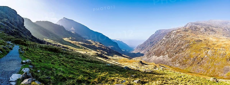Autumn colours of Pen-y-Pass over Miner's Track, Start Point and road A4086, Snowdonia, Wales, UK