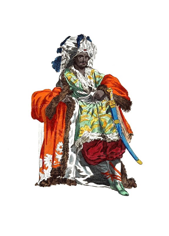 Historical clothing, fashion over time, traditional costume of a Native American chief in 1749, America, digitally restored reproduction of a model from the 18th/19th century, exact date unknown, man in splendid coat with gold and red details, stately and impressive