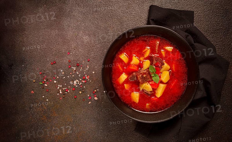 Meat goulash, with potatoes and carrots, sweet pepper, traditional Hungarian soup, homemade, no people