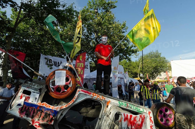 Flags depicting a portraits of Abdullah Ocalan founding member of the militant Kurdistan Workers' Party (PKK) being flown during the protests at Gezi Park, Istanbul, Turkey