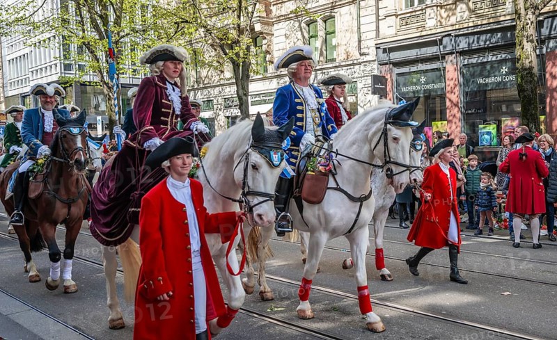 Riders in the procession of historically costumed guild members, Hard guild, Sechseläuten or Sächsilüüte, Zurich Spring Festival, Zurich, Switzerland