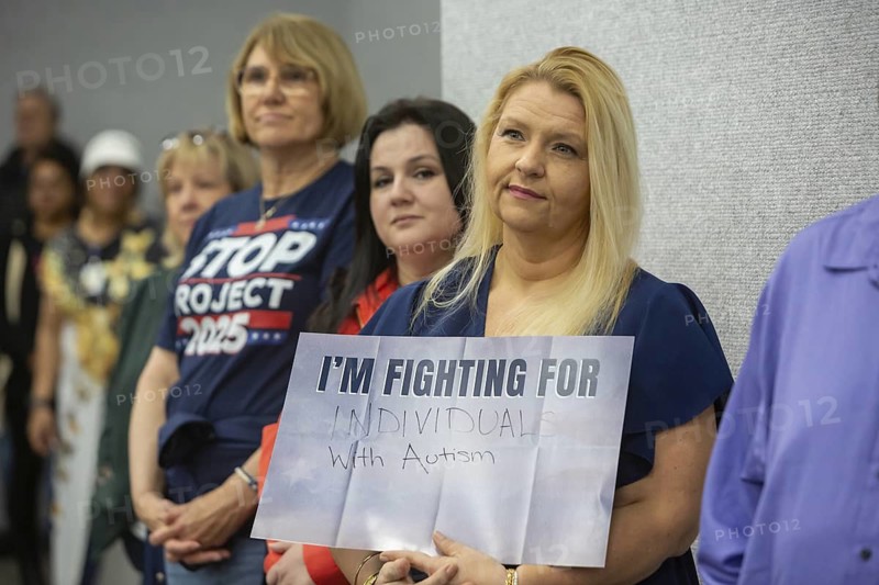 Warren, Michigan USA - 29 March 2025 - The Michigan Democratic Party hosted a 'People's Town Hall.' An overflow crowd at a UAW hall listened to Sen. Chris Murphy (D-Conn) and Representative Maxwell Frost (D-Fl). Speakers targeted Representative John James, a Republican who represents the Macomb County district where the event was held, for refusing to meet with his constituents