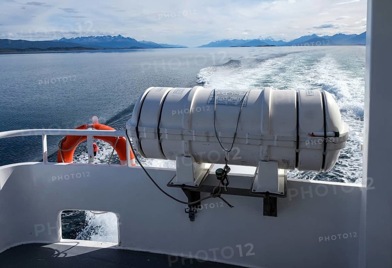 Ushuaia, Tierra del Fuego, Argentina, life raft on an excursion boat in the Beagle Channel