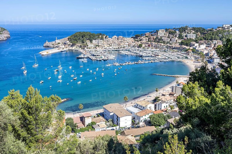 Port de Soller in Majorca from above Seaside Beach Marina with boats Trip in Spain