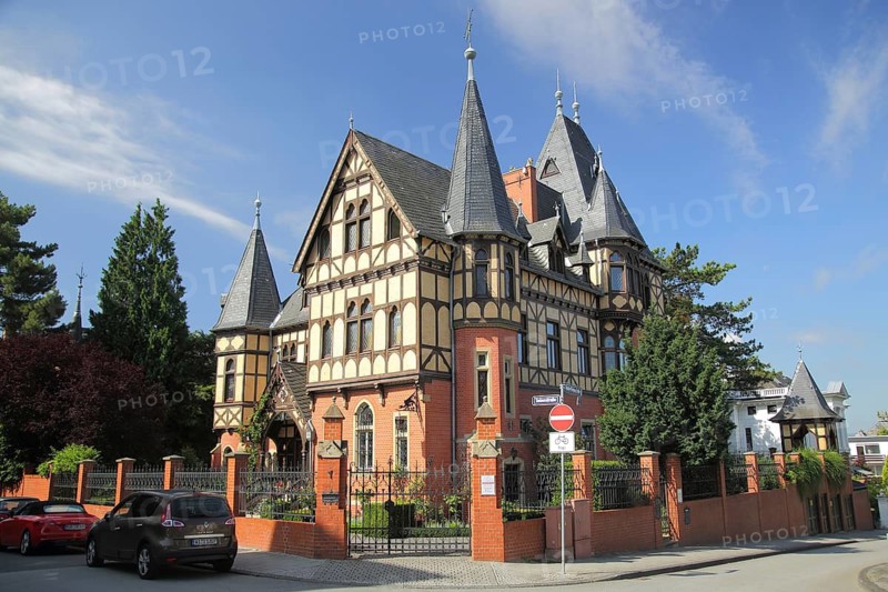 Neo-Gothic Solmsschlösschen, villa with turret and bay window, half-timbered house, brick building, Wiesbaden, Taunus, Hesse, Germany