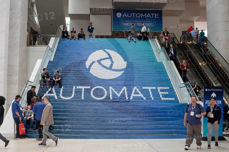 Detroit, Michigan - More than 800 exhibitors displayed at Automate, North America's largest robotic and automation event. The show's logo was placed on stairs in the convention center