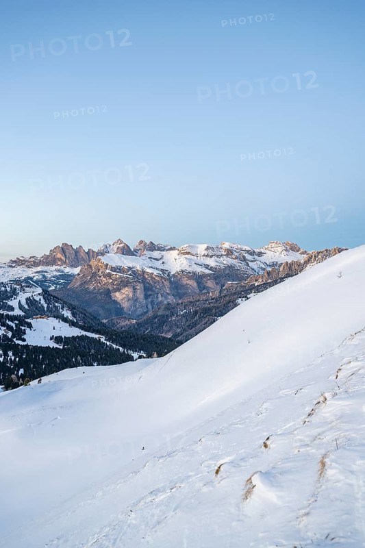 Beautiful landscape of the Mountain silhouettes of the Sexten Dolomites on a sunny winter day, South Tyrol, Trentino-South Tyrol, Alto-Adige, Italy