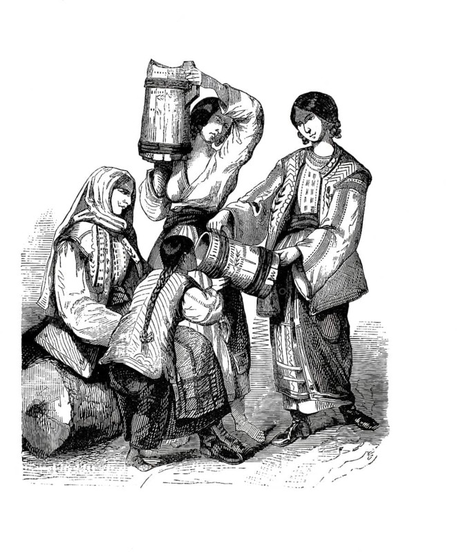 Women and children in traditional Wallachian and Gypsy clothing. On display is a group of woman and a child in richly decorated, traditional garments of the region, 1860, authentic, high-resolution reproduction from a 19th century model, exact date of depiction unknown, historical