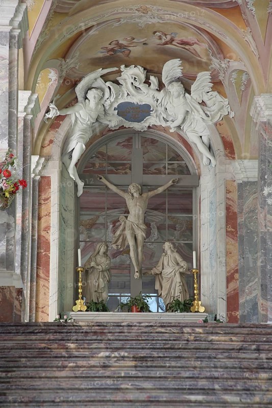 Altar with Crucifixion of Jesus, Crucifix, Holy Staircase, built in 1751 by Baroque builder Balthasar Neumann, stairway, arts and crafts, Kreuzberg, Endenich, Bonn, North Rhine-Westphalia, Germany