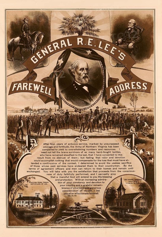 Farewell address by Robert Edward Lee (born 19 January 1807, died 12 October 1870) served as a colonel in the US Army until 1861 and was subsequently the most successful general of the Confederate States during the American Civil War (1861–1865) . The centrepiece is a portrait of General Robert E. Lee, surrounded by a large, sweeping flag and the printed text of his farewell address following the surrender at Appomattox at the end of the American Civil War, American history, authentic, digitally restored high-resolution reproduction from a 19th-century original, exact date of the depiction unknown, historical