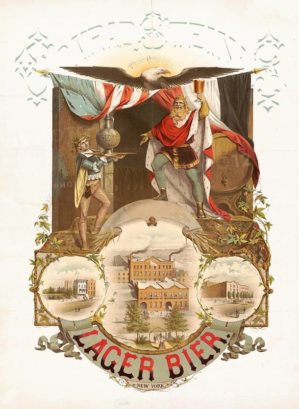 Advertising poster, beverage advertisement, advertising poster for Conrad Stein's lager beer from New York, designed by Moritz Ulffers in 1877. The lithograph shows a king lifting a glass of beer next to an American eagle and flags, which combines patriotic symbols with German brewing culture, authentic reproduction of a historical advertising poster, advertising sign, in high resolution