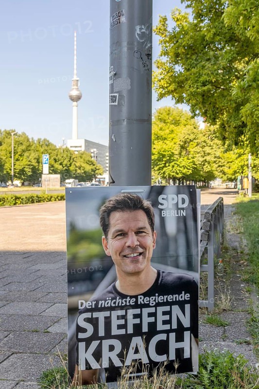 Steffen Krach (SPD) – Candidate for the office of Governing Mayor of Berlin, with the TV Tower in the background – election posters of the parties for the 20th election to the Berlin House of Representatives and the district councils, Berlin city centre, Berlin, 9 August 2026