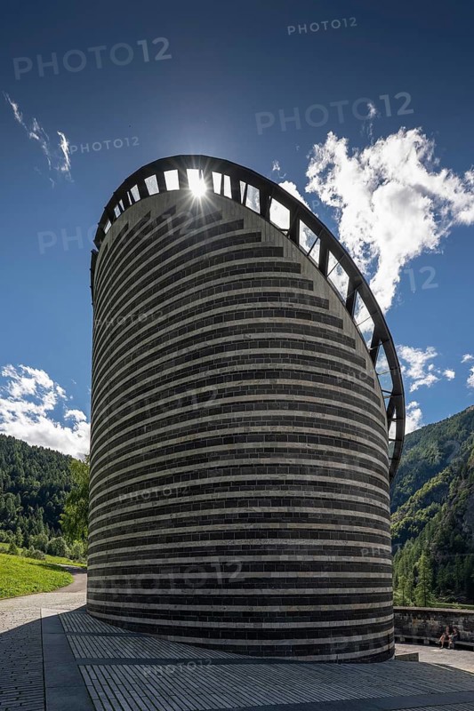 Roman Catholic church of San Giovanni Battista, built in the same place as the village church destroyed by avalanche in 1986, architect Mario Botta, Mogno, Maggia Valley, Valle Maggia, municipality of Lavizzara, Canton of Tessin, Switzerland