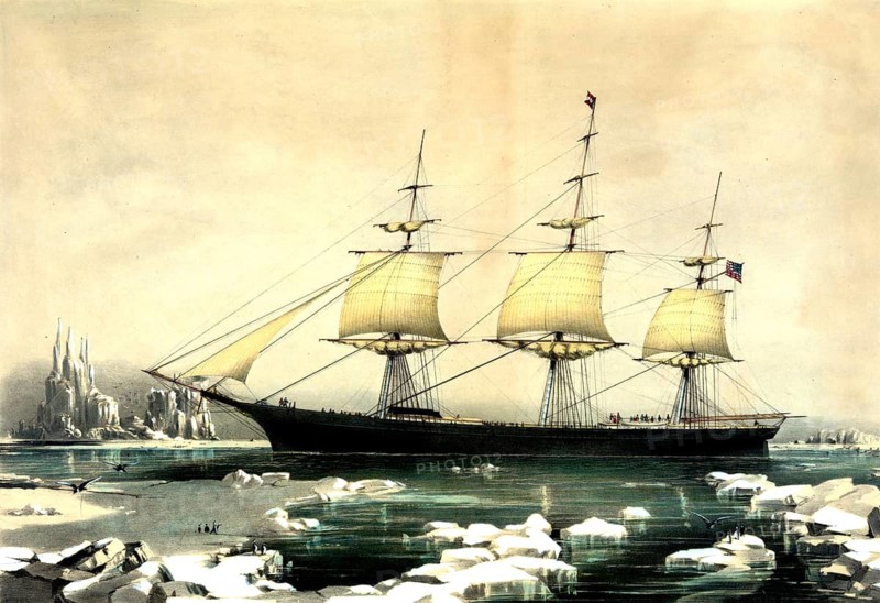 Lithograph of the famous clipper ship Red Jacket in the ice off Cape Horn. The ship's dangerous passage from Australia to Liverpool in August 1854, when it was in floating ice and between icebergs near Cape Horn, authentic, digitally restored reproduction in high resolution from a 19th century original, exact date of presentation unknown, American history, historical