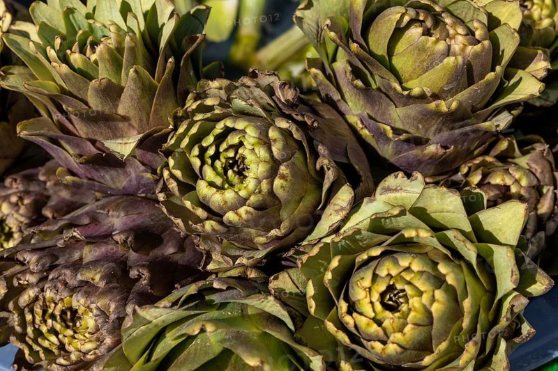 Fresh artichokes with green and purple hues closely packed together
