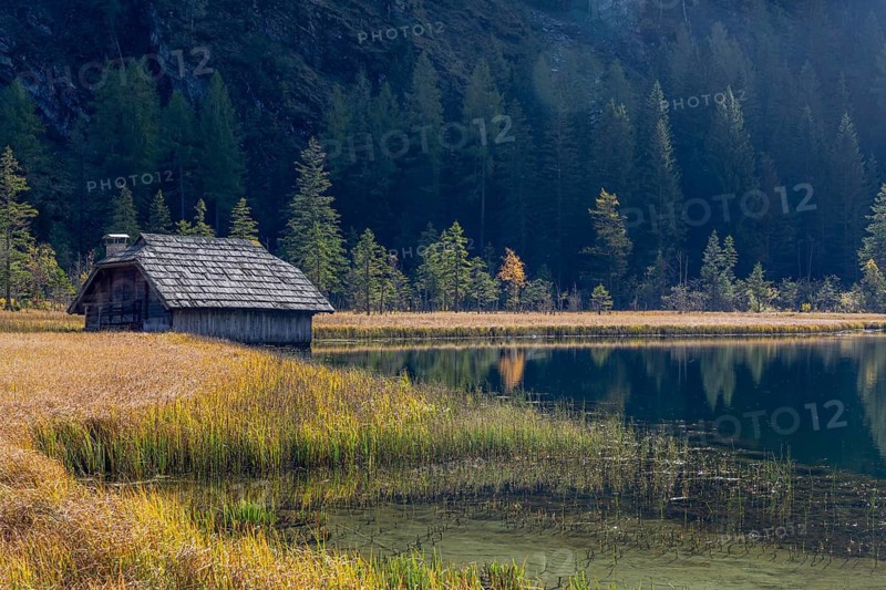 Boatshelter at Lake Stappitz in first morning light, Seebach valley, Mallnitz, Carinthia, Austria