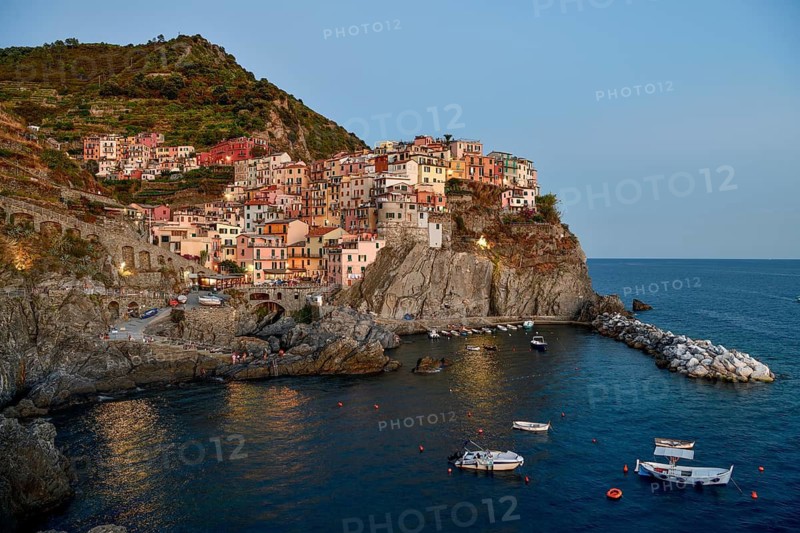 Fishing village of Manarola, blue hour, district of Riomaggiore, Cinque Terre, province of La Spezia, Liguria, Italy