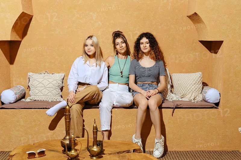 Happy family. Mother and her two daughters at vacation in Middle Eastern country