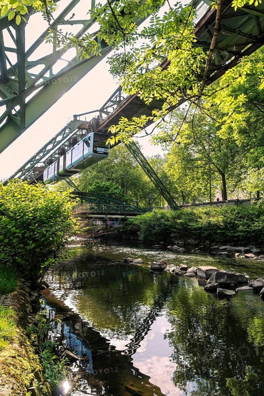 A suspension railway over the riverbed of the Wupper in Elberfeld, Wuppertal, Germany