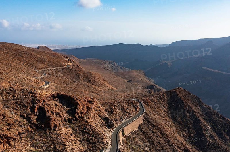 Drone shot, mountain road at the Degollade de las Yeguas viewpoint, Gran Canaria, Canary Islands, Spain