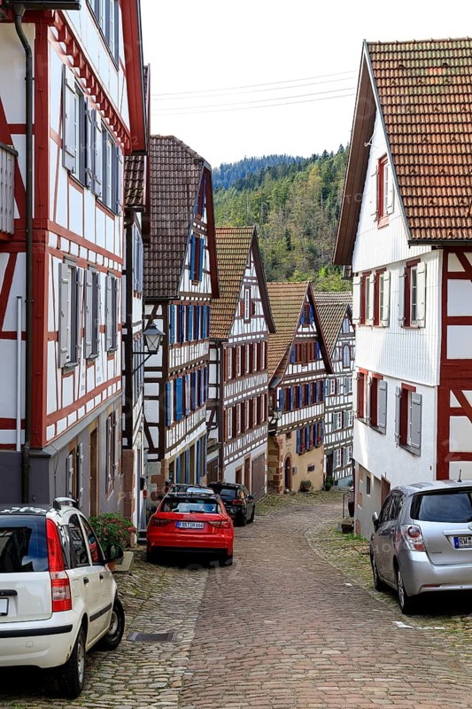 Historic half-timbered houses on Schlossbergstraße in the old town centre of Schiltach, Black Forest, Baden-Württemberg, Germany
