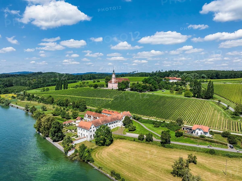 Aerial view of Maurach Castle on Lake Constance, below the Birnau pilgrimage church on a vineyard, Uhldingen-Mühlhofen, Lake Constance district, Baden-Württemberg, Germany