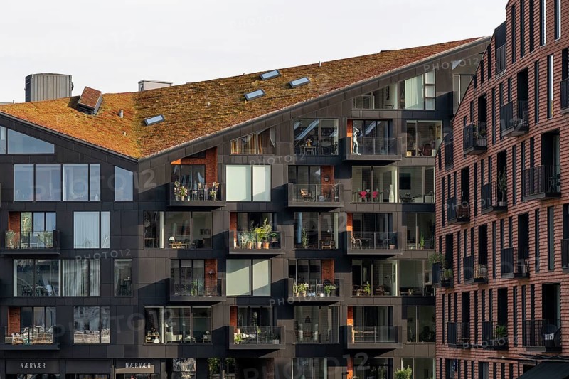 Contemporary architecture, Krøyers Square residential complex, inspired by historic warehouses, Nordic Ecolabel certified, Christianshavn district, Copenhagen, Denmark