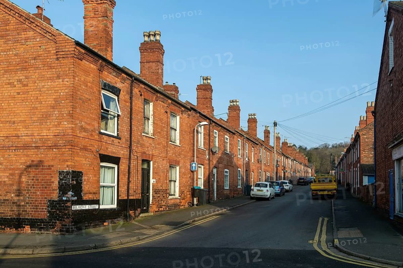 Victorian terraced housing with no front gardens, Belmont Street, inner city of Lincoln, Lincolnshire, England, UK