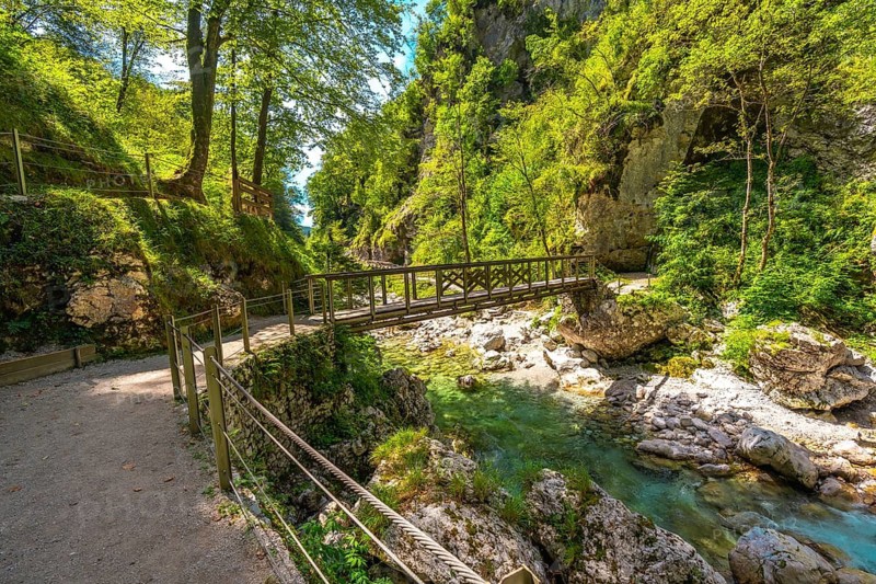 Scenic wooden bridge over a clear river flowing through the tolmin gorges in slovenia on a sunny summer day