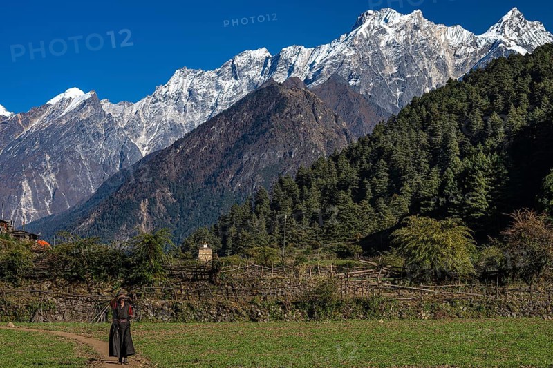 Elderly woman, local people of the Tsumba Tibetan ethnic group on dirt road in front of snow-capped mountains of the Siringi Himal mountain range, Tsum Valley, Himalayas, Nepal