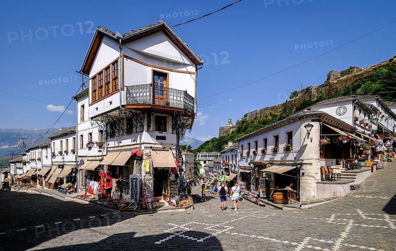 City of Gjirokastra, Gjirokastra, Albania, Tourists visit the historic centre of the mountain city of Gjirokastra, UNESCO World Heritage Site