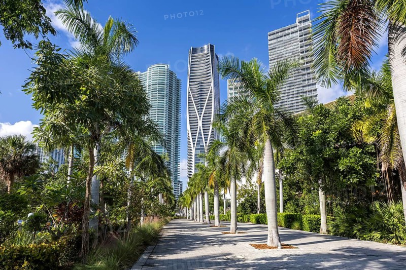 Miami skyline with high-rise real estate at Maurice A. Ferré Park in Miami, USA
