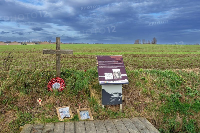 World War One Khaki Chums Cross monument to WWI Christmas Truce German, British football match played in No Man's Land, Ploegsteert, Hainaut, Belgium