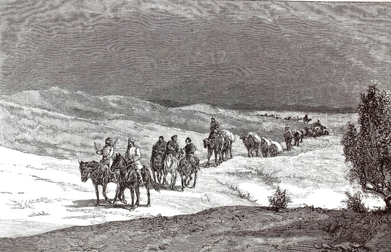 Travelers and camels crossing a barren desert landscape, depicting the Taklamakan Desert in Xinjiang, China, 1882, illustration, reproduction from a 19th-century model. Authentic, file restored for optimal use, exact date of submission unknown, historical
