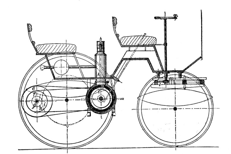 Construction plan of the road carriage with Daimler engine, coloured wood engraving, reproduction of a model from ca 1888, historical, technical drawing of a bicycle shows the mechanical details
