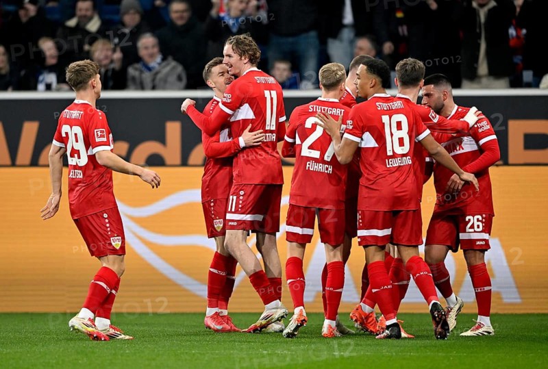 Goal celebration Nick Woltemade VfB Stuttgart (11) Deniz Undav VfB Stuttgart (26) Chris Führich VfB Stuttgart (27) Finn Jeltsch VfB Stuttgart (29) Maximilian Mittelstädt VfB Stuttgart (07) Jamie Leweling VfB Stuttgart (18) PreZero Arena, Sinsheim, Baden-Württemberg, Germany