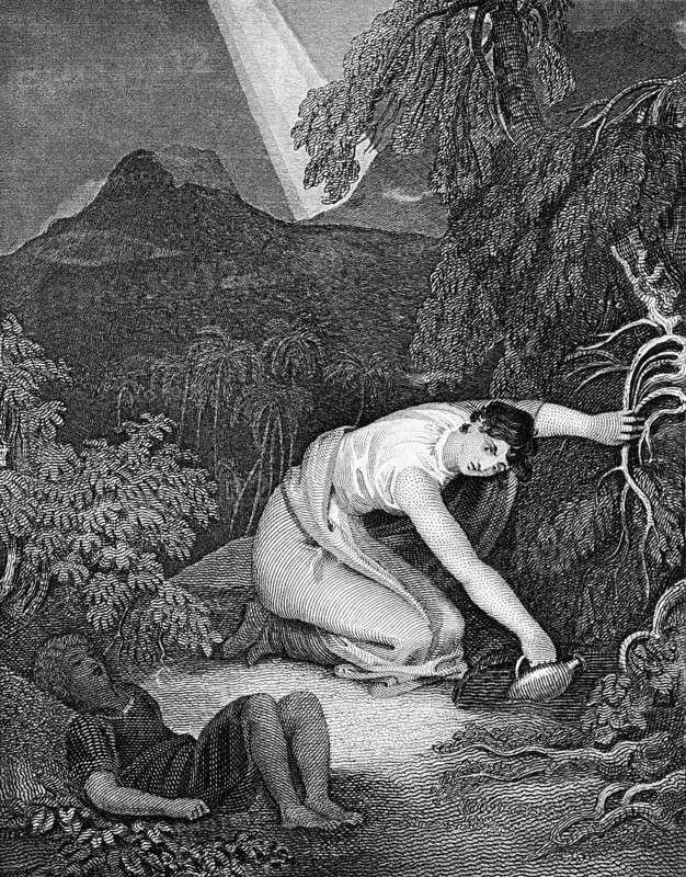 Hagar and Ishmael at a spring of water in a mountain landscape, ray of light from heaven, Old Testament, Bible, historical illustration 1854