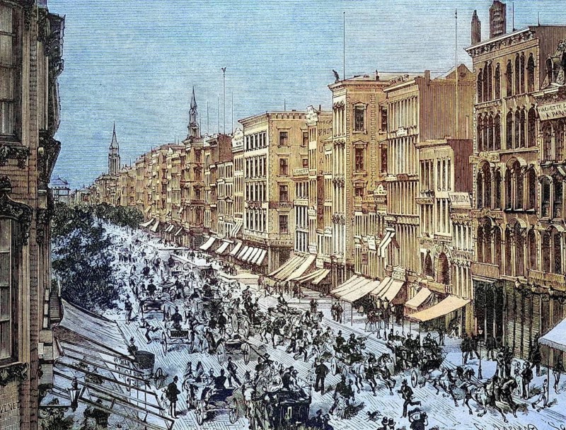 New York Broadway in 1880, America, coloured wood engraving, reproduction from a model from ca 1888, Historical, Busy street scene in a historical city with many people