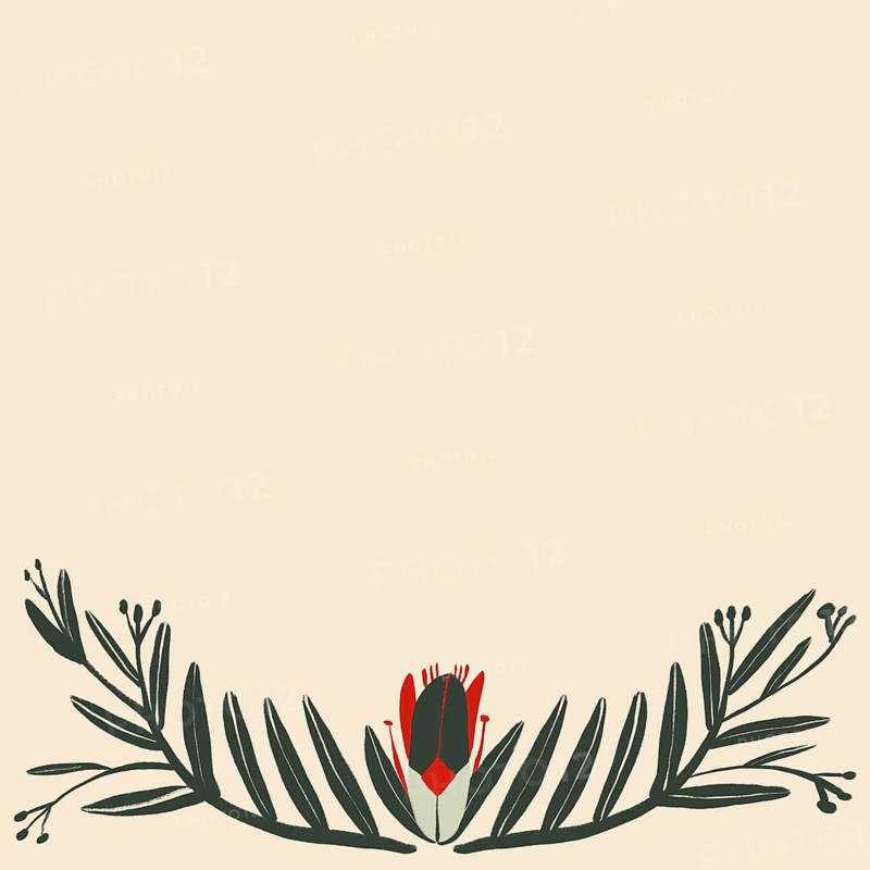 A simplistic and elegant artistic illustration featuring an abstract red flower surrounded by green leaves against a pale beige background