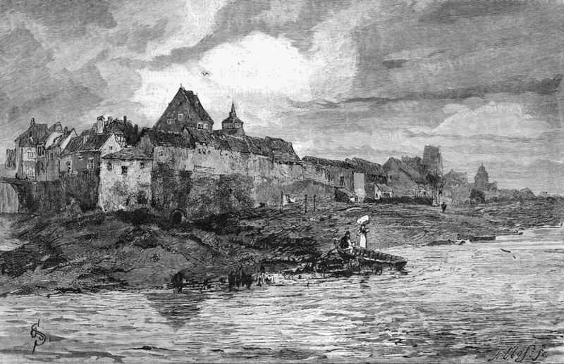 Townscape of Braniewo or Braunsberg on the Passarge River, Masuria, Poland, small town, river bank, town wall, church tower, historical illustration 1880