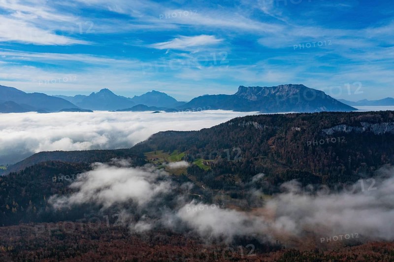 View from Schwarzenberg to a sea of fog with Salzach valley with Watzmann and Untersberg, Osterhorn group, Salzkammergut, Salzburg province, Austria